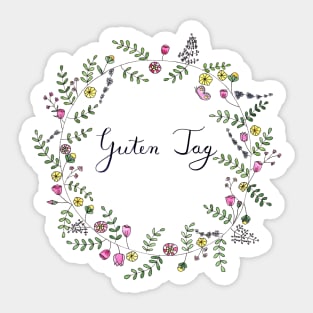 Guten Tag  German Brush Script with Flower Wreath Sticker